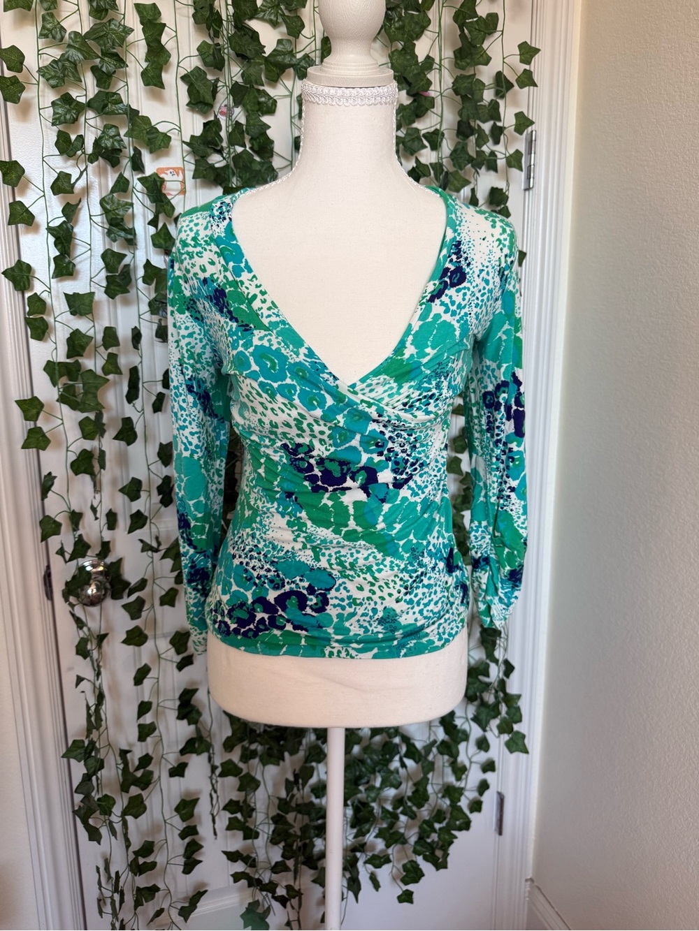 CAbi Teal & Navy Printed V-Neck Long Sleeve Top